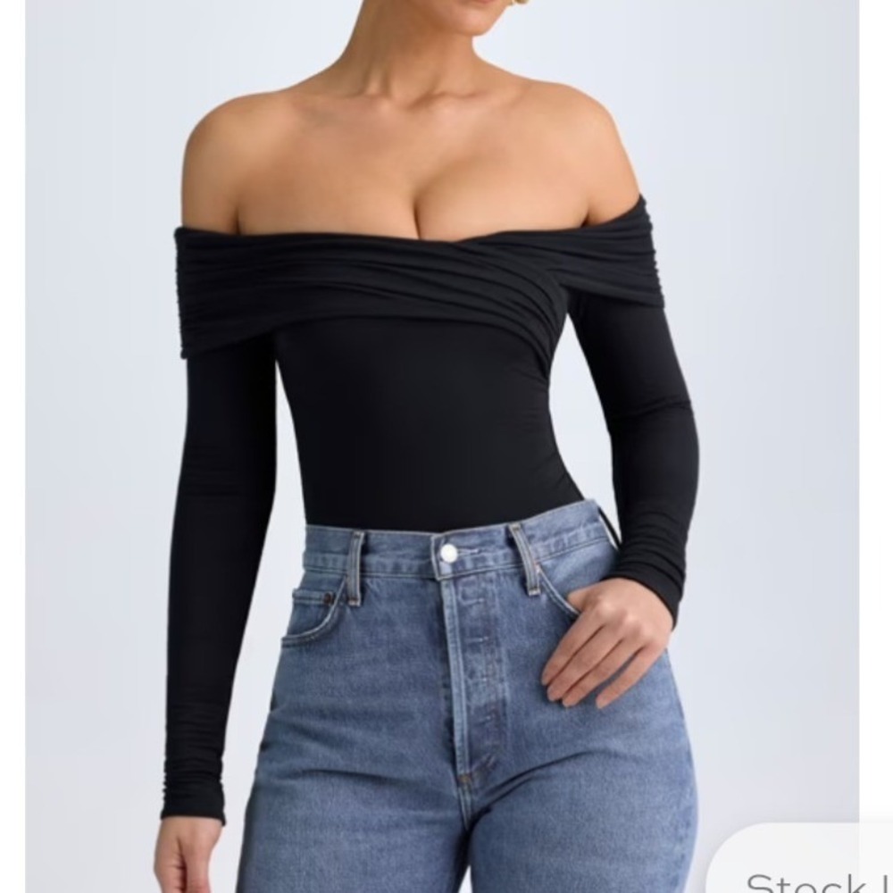 Oh Polly Celyn Black Modal Off-Shoulder Ruched Long Sleeve Bodysuit L NEW‎
